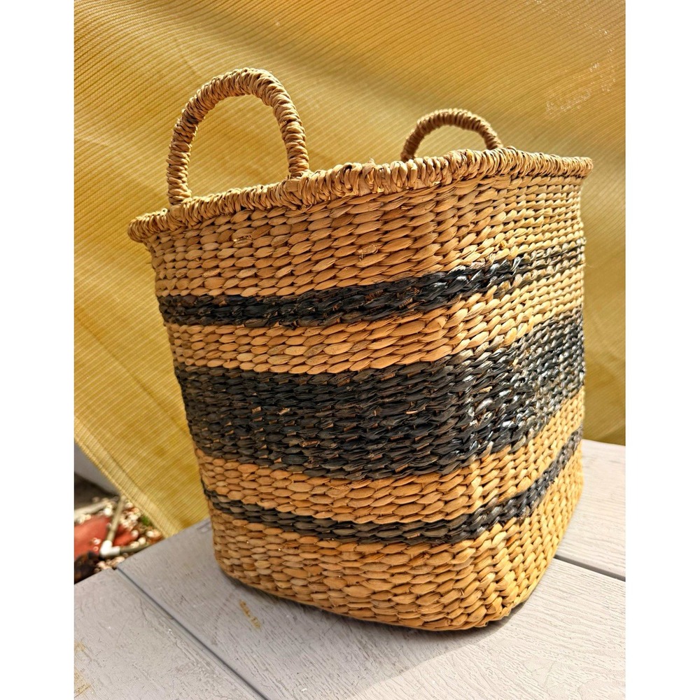 Rectangular Beige & Black Striped Wicker Basket with Handles, Indoor